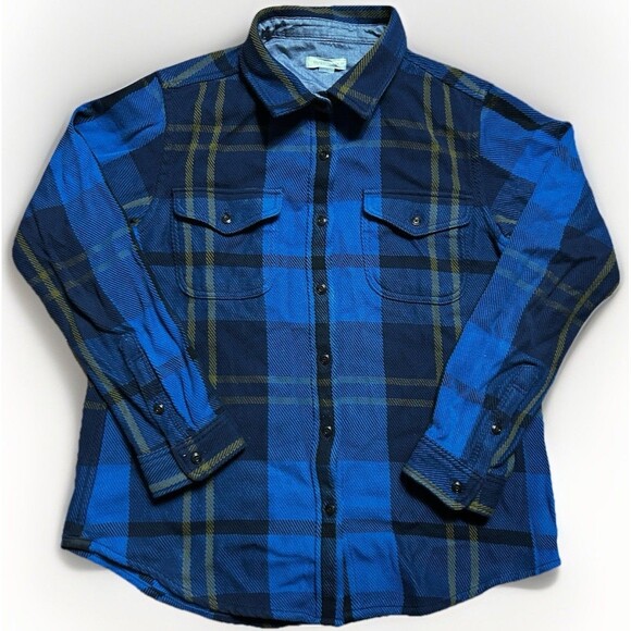 Outerknown Blanket Shirt Mens Blue Plaid Heavy Flannel Button Up Size Large - Picture 1 of 8